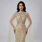 Abito da Sera di Lusso Perle Nude Abito Ricamato con Cristalli e Strascico in Tulle LA72189A