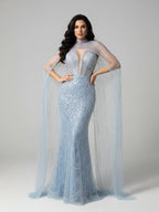 Abito da Sera di Lusso Perle Nude Abito Ricamato con Cristalli e Strascico in Tulle LA72189A