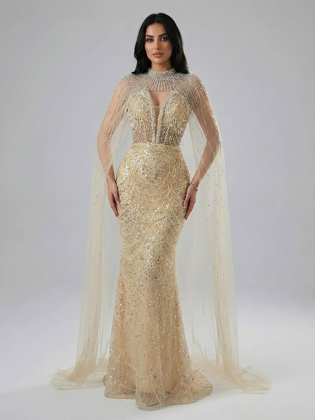 Abito da Sera di Lusso Perle Nude Abito Ricamato con Cristalli e Strascico in Tulle LA72189A