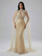 Abito da Sera di Lusso Perle Nude Abito Ricamato con Cristalli e Strascico in Tulle LA72189A