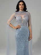 Abito da Sera di Lusso Perle Nude Abito Ricamato con Cristalli e Strascico in Tulle LA72189A