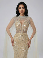 Abito da Sera di Lusso Perle Nude Abito Ricamato con Cristalli e Strascico in Tulle LA72189A