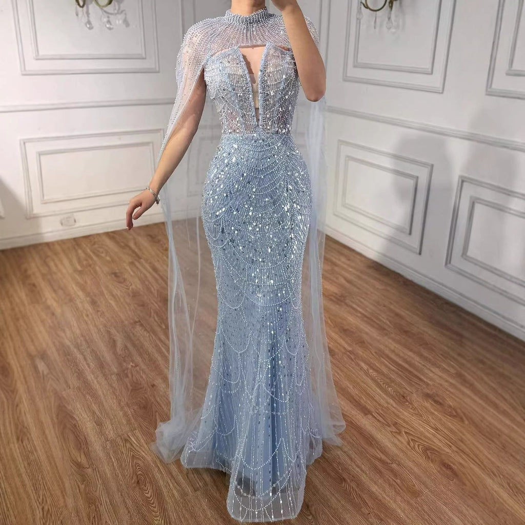 Abito da Sera di Lusso Perle Nude Abito Ricamato con Cristalli e Strascico in Tulle LA72189A