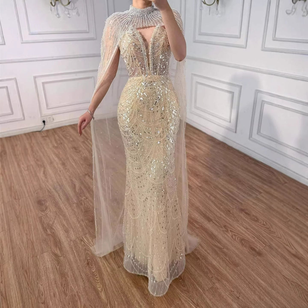 Abito da Sera di Lusso Perle Nude Abito Ricamato con Cristalli e Strascico in Tulle LA72189A