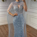 Abito da Sera di Lusso Perle Nude Abito Ricamato con Cristalli e Strascico in Tulle LA72189A