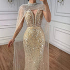 Abito da Sera di Lusso Perle Nude Abito Ricamato con Cristalli e Strascico in Tulle LA72189A
