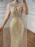 Abito da Sera di Lusso Perle Nude Abito Ricamato con Cristalli e Strascico in Tulle LA72189A