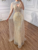 Abito da Sera di Lusso Perle Nude Abito Ricamato con Cristalli e Strascico in Tulle LA72189A