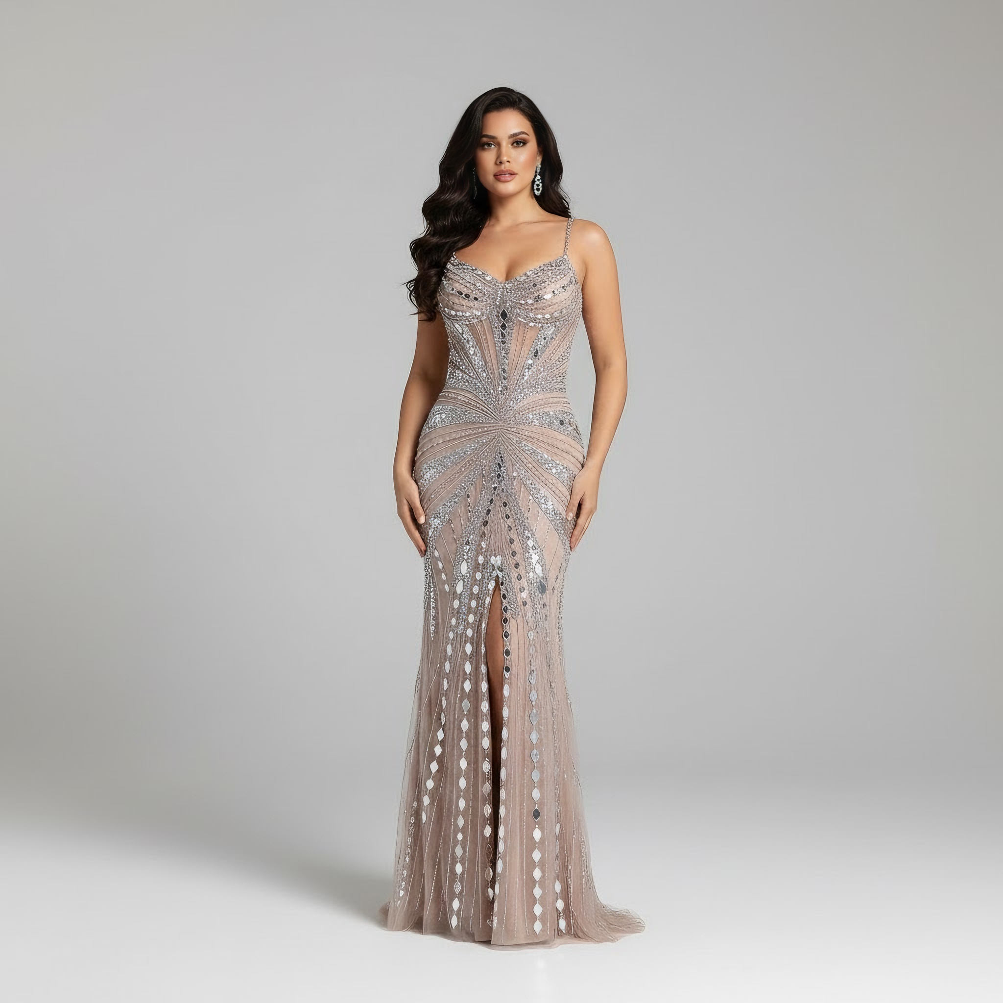 Abito da Sera Sirena Lusso Color Carne con Corsetto Ricamato a Perline LA72803A