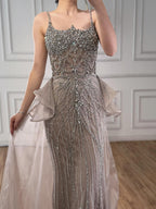 Vestido de Noite Sereia de Alças Finas com Contas de Cristal Caramelo de Luxo LA72810A