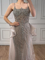 Vestido de Noite Sereia de Alças Finas com Contas de Cristal Caramelo de Luxo LA72810A
