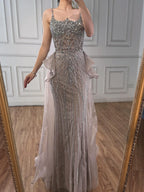 Vestido de Noite Sereia de Alças Finas com Contas de Cristal Caramelo de Luxo LA72810A