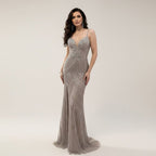 Robe de soirée sirène luxueuse en perles couleur nude avec fente haute LA73340