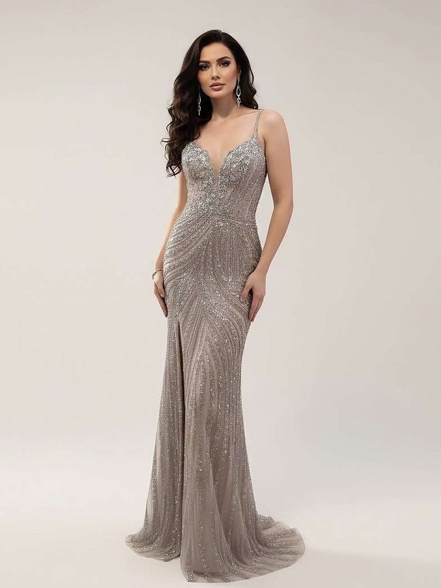 Robe de soirée sirène luxueuse en perles couleur nude avec fente haute LA73340