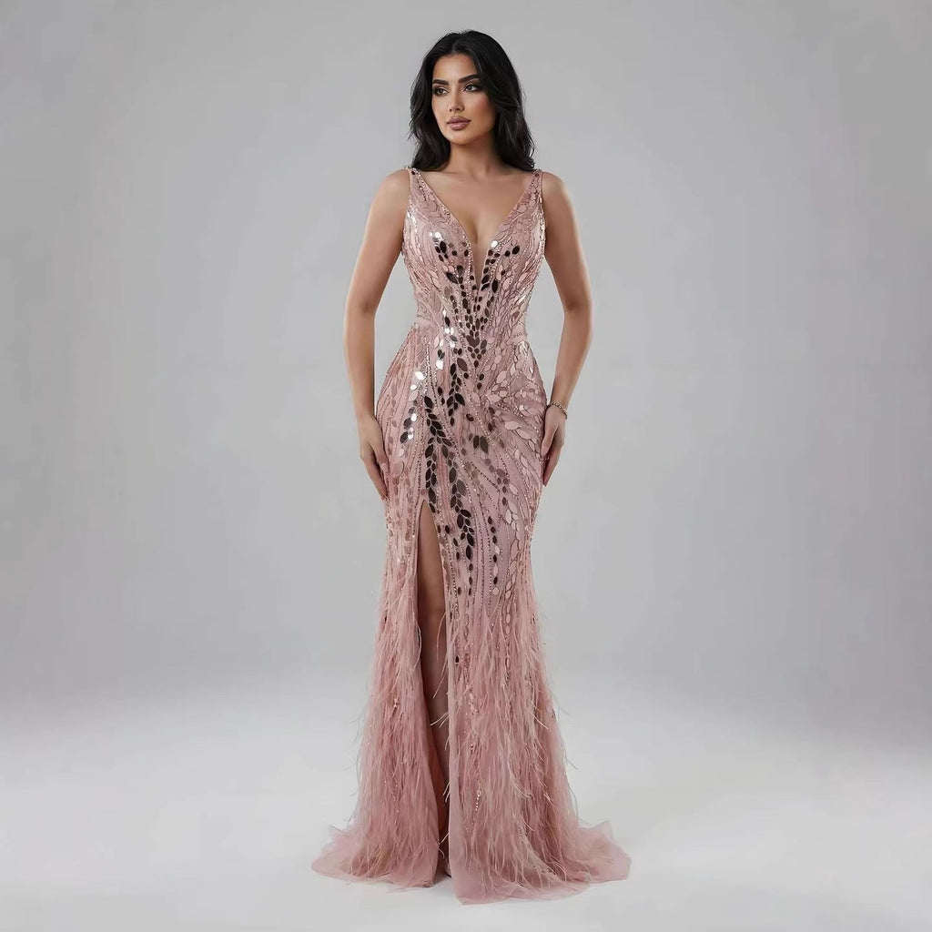 Luxuriöses blaues Perlenbesetztes Federbesetztes Meerjungfrauen-Abendkleid LA73369