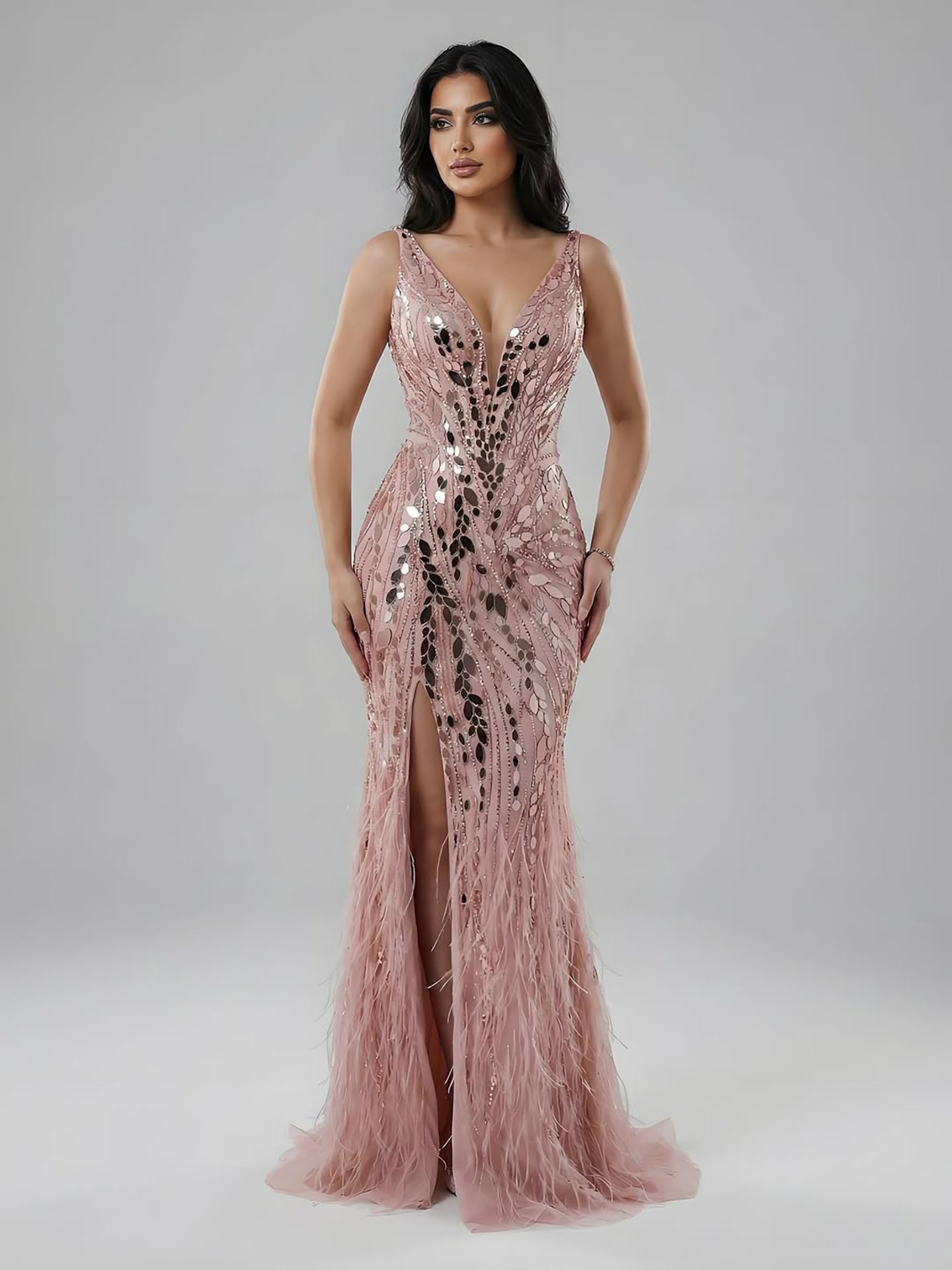 Luxuriöses blaues Perlenbesetztes Federbesetztes Meerjungfrauen-Abendkleid LA73369