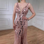 Luxuriöses blaues Perlenbesetztes Federbesetztes Meerjungfrauen-Abendkleid LA73369