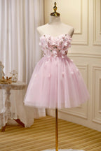 Vestidos Cortos de Tule para el Baile de Regreso a Casa, Sin Tirantes, Corazón Dulce, Aplicaciones Adorables en Rosa