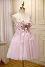 Vestidos Cortos de Tule para el Baile de Regreso a Casa, Sin Tirantes, Corazón Dulce, Aplicaciones Adorables en Rosa