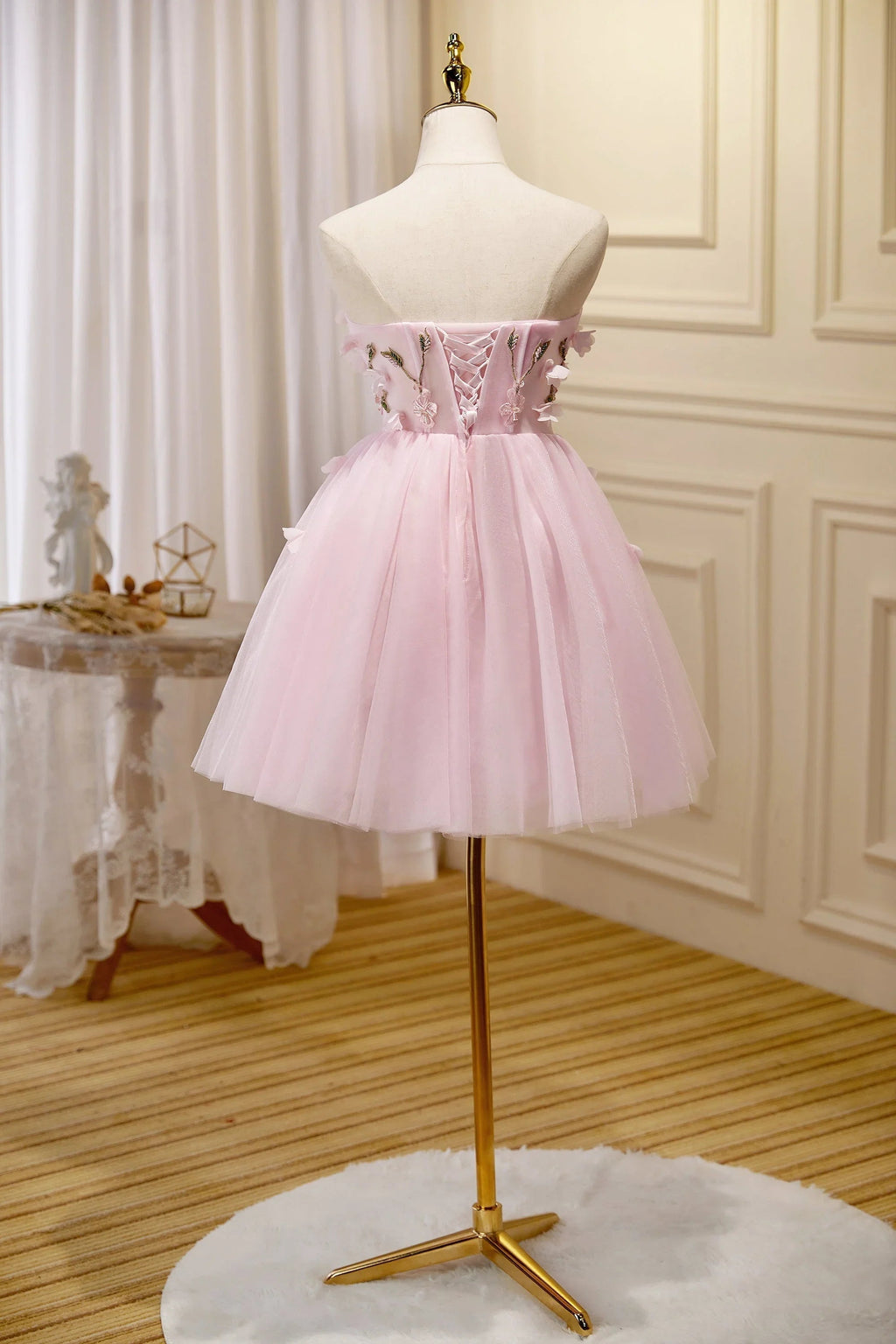 Vestidos Cortos de Tule para el Baile de Regreso a Casa, Sin Tirantes, Corazón Dulce, Aplicaciones Adorables en Rosa