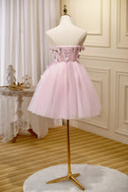 Vestidos Cortos de Tule para el Baile de Regreso a Casa, Sin Tirantes, Corazón Dulce, Aplicaciones Adorables en Rosa