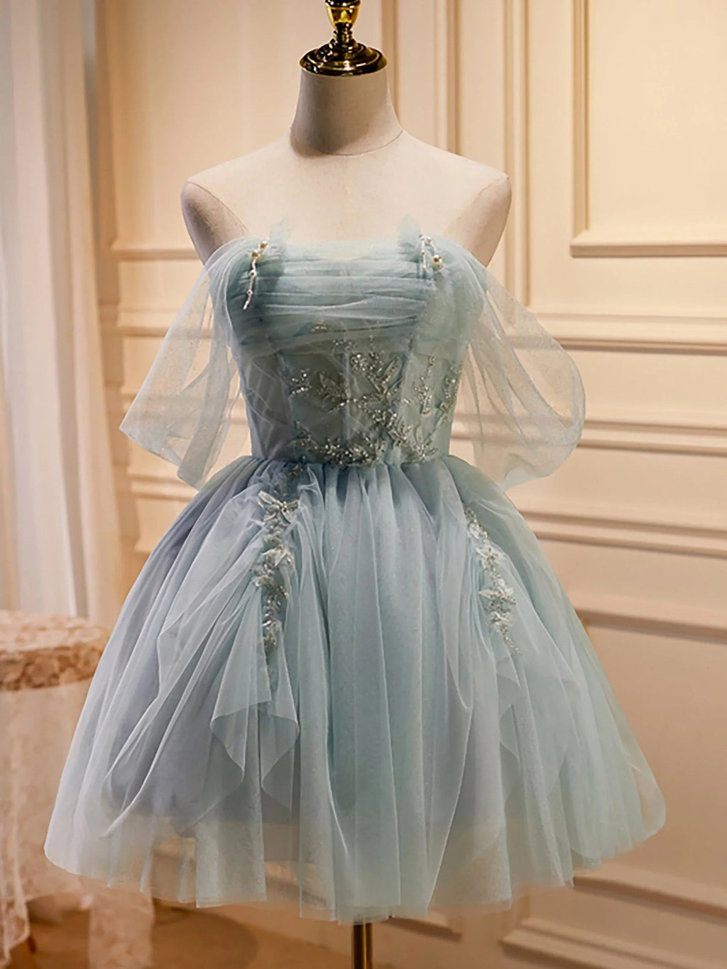 Charming Blue Off The Shoulder A Line Tulle Short Homecoming Dresses