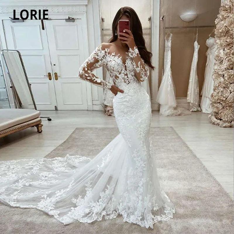 LORIE Boho Wedding Dresses Mermaid Lace Long Sleeves Wedding Gown Vintage White Ivory Custom Made Luxury Bridal Dress 2024