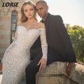 LORIE Abito da Sposa Mermaid in Pizzo con Scollo a Cuore e Spalle Scoperte, Maniche Lunghe, Modellante, Schiena Nuda, Stile Boho