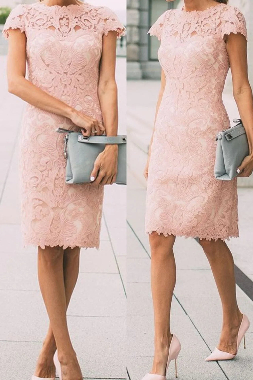 Elegantes rosa Kopftuchärmel-Spitzen-Kurzballkleid bis knielang