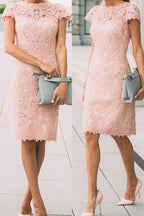 Elegantes rosa Kopftuchärmel-Spitzen-Kurzballkleid bis knielang