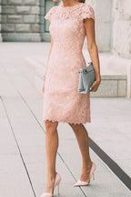 Elegantes rosa Kopftuchärmel-Spitzen-Kurzballkleid bis knielang