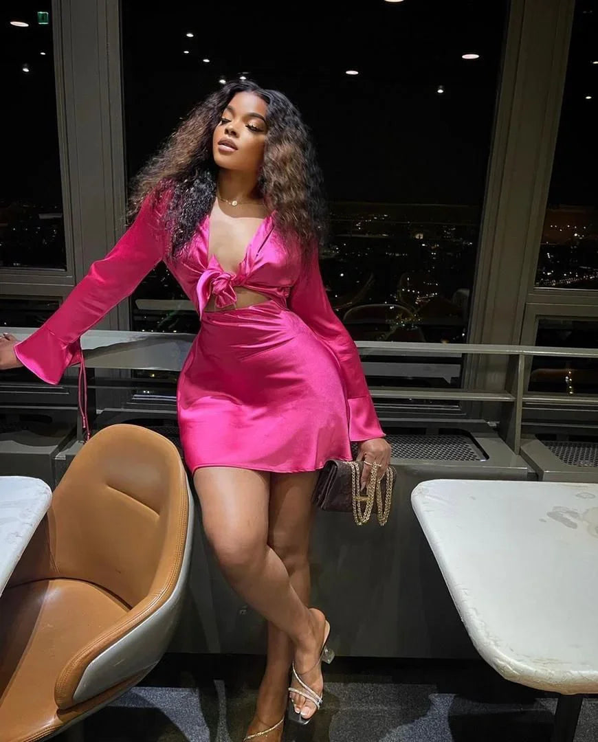 Chic Hot Pink Homecoming-Kleid mit langen Ärmeln Hot Pink Cocktailkleid Y2221