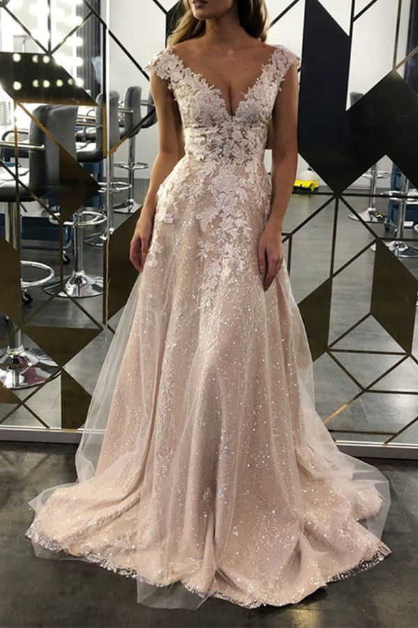 Lace A-line V-neck Sleeveless Sweep Train Wedding Dress, Bridal Gowns, MW542