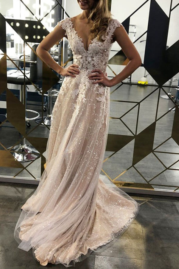 Lace A-line V-neck Sleeveless Sweep Train Wedding Dress, Bridal Gowns, MW542