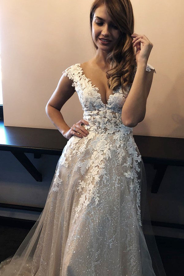 Lace A-line V-neck Sleeveless Sweep Train Wedding Dress, Bridal Gowns, MW542