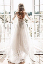 Lace Backless A-Line V-neck Long Sleeves Wedding Dresses, Bridal Dresses, MW552