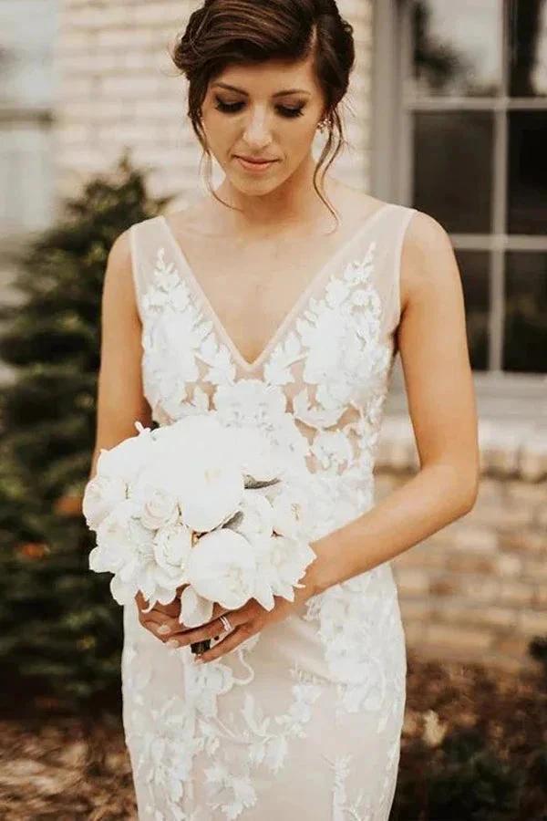 Lace Deep V-neck Bohemian Wedding Dress Mermaid Bridal Gown WD748 by pgmdress