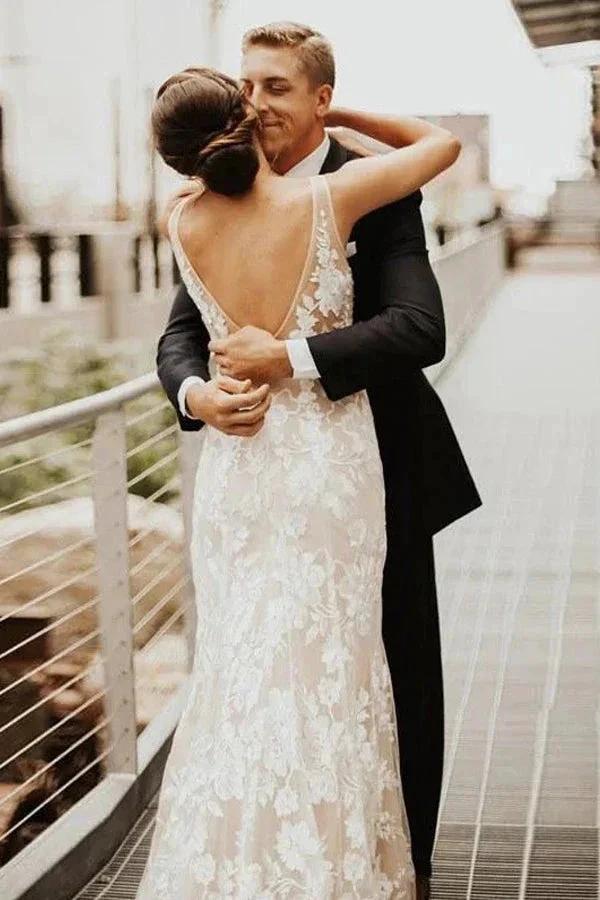 Lace Deep V-neck Bohemian Wedding Dress Mermaid Bridal Gown WD748 by pgmdress