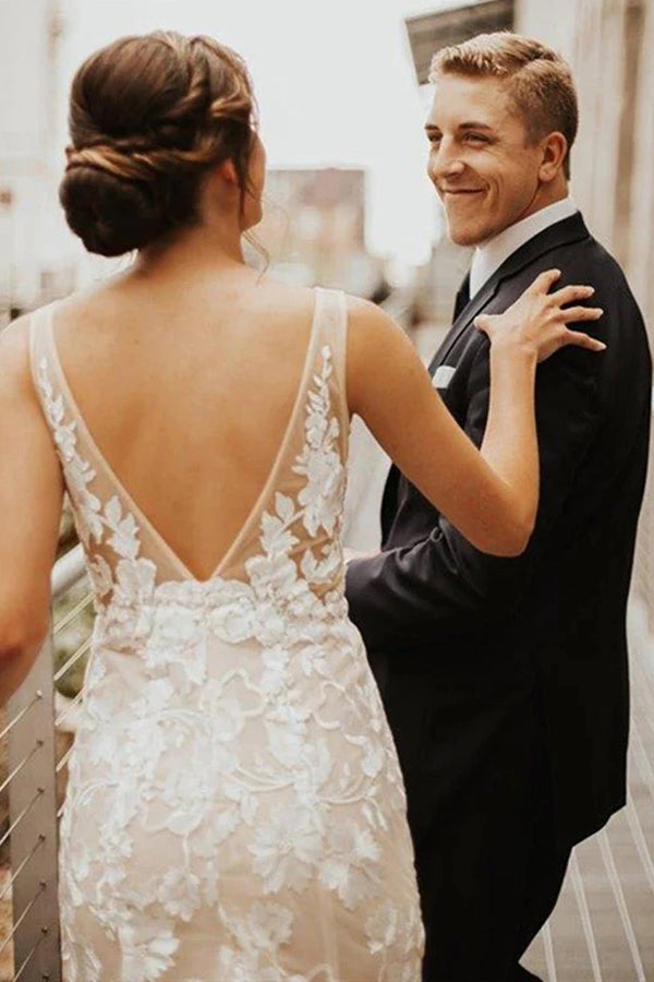 Spitztiefes V-Ausschnitt Bohemian Hochzeitskleid Meerjungfrau Brautkleid