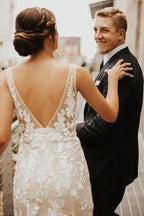 Lace Deep V-neck Bohemian Wedding Dress Mermaid Bridal Gown WD748 by pgmdress