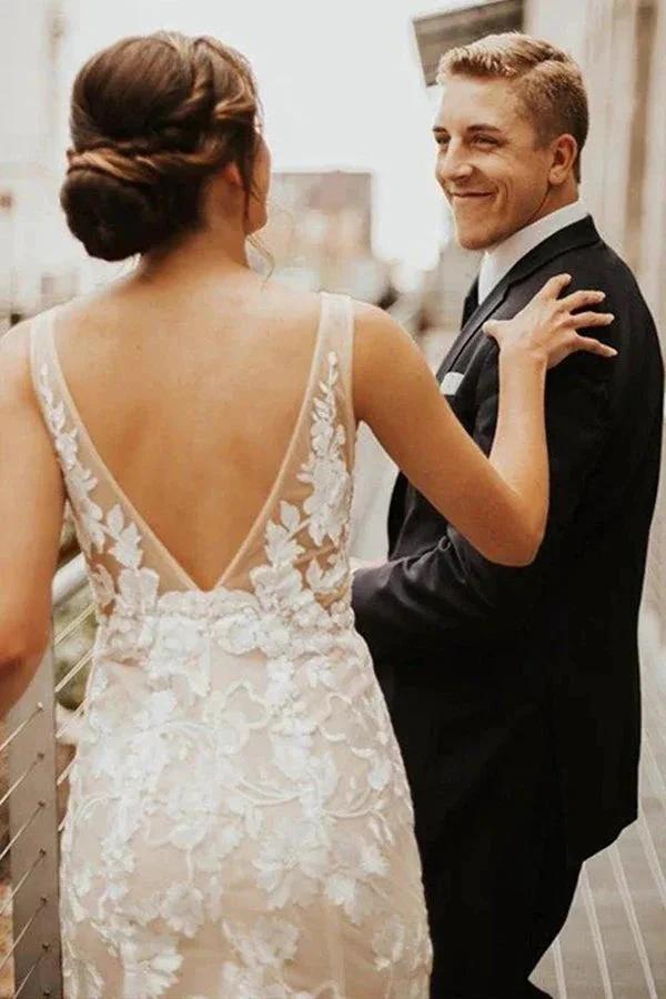 Lace Deep V-neck Bohemian Wedding Dress Mermaid Bridal Gown WD748 by pgmdress