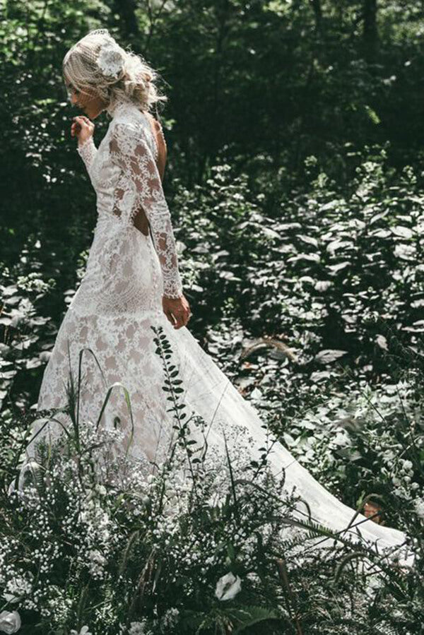 Lace Mermaid High Neck Long Sleeves Beach Wedding Dresses, Bridal Gown, MW618