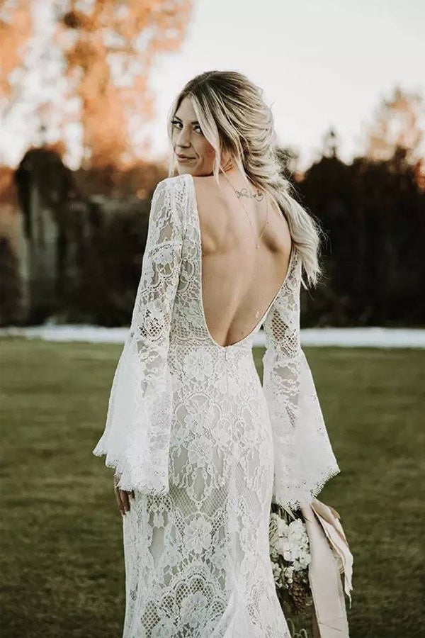 Spitzen Meerjungfrau-V-Ausschnitt Langarm Rückenfreies Bohemian Hochzeitskleid