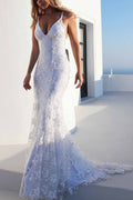 Abito da sposa in pizzo sirena con scollo a V e spalline sottili, vestito da sposa, MW641