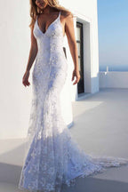 Lace Mermaid V-neck Spaghetti Straps Wedding Dresses, Bridal Gown, MW641