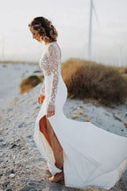 Lace Satin Scoop Mermaid Open Back Long Sleeves Slit Wedding Dresses, MW636