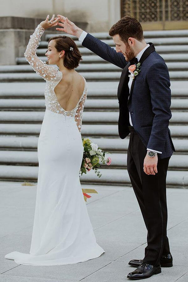 Lace Satin Scoop Mermaid Open Back Long Sleeves Slit Wedding Dresses, MW636