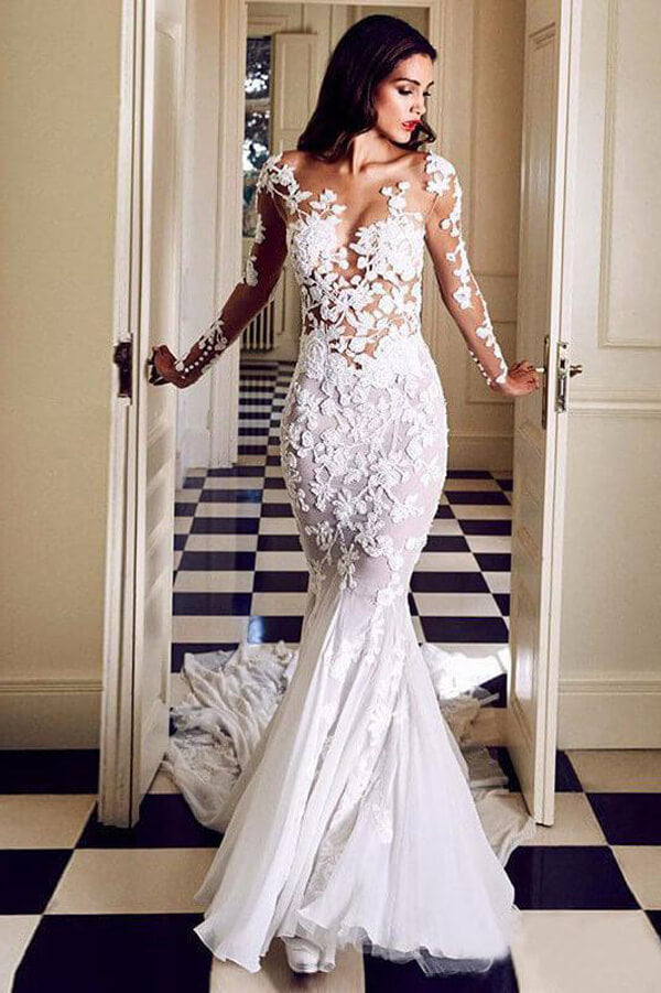 Lace See Through Mermaid Long Sleeves Wedding Dresses, Bridal Dress, MW522