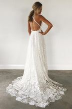 Lace Spaghetti Straps Criss-Cross Straps Wedding Dress With Sweep Train, MW577