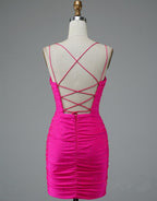 Lace Up Spaghetti Straps Short Homecoming Dress Hot Pink Party Dress PD437